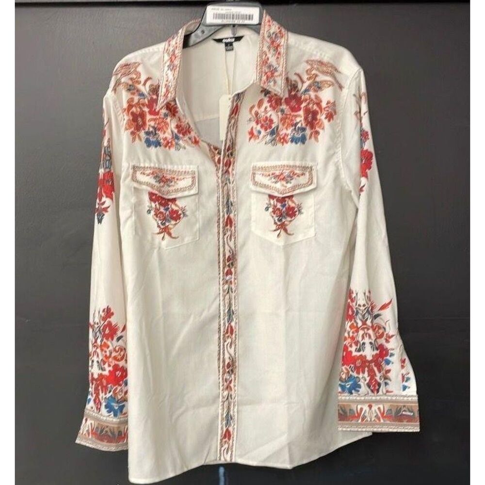 Ouku Floral Embroidered Western Cowgirl Shirt L